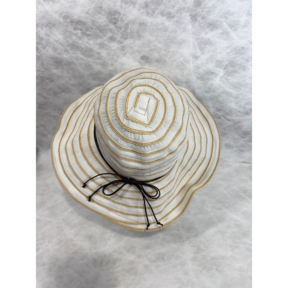 San Diego Hat Company Womens Striped Wide Brim Sun Hat Ivory Tan Ribbon Tie O/S - Picture 3 of 8